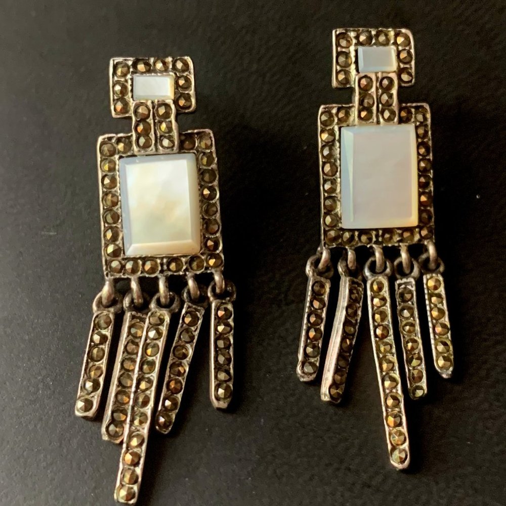 925 Silver Art Deco Mother of Pearl Marcasite Earrings